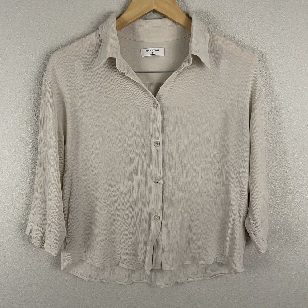 Babaton Aritzia Womens S Beige Carrington Crinkle Button Up 3/4 Sleeve Shirt